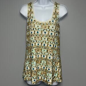 Boston Proper Gold Aqua Gem Embellished Beach Wedding Guest Tank Womens Sz S
